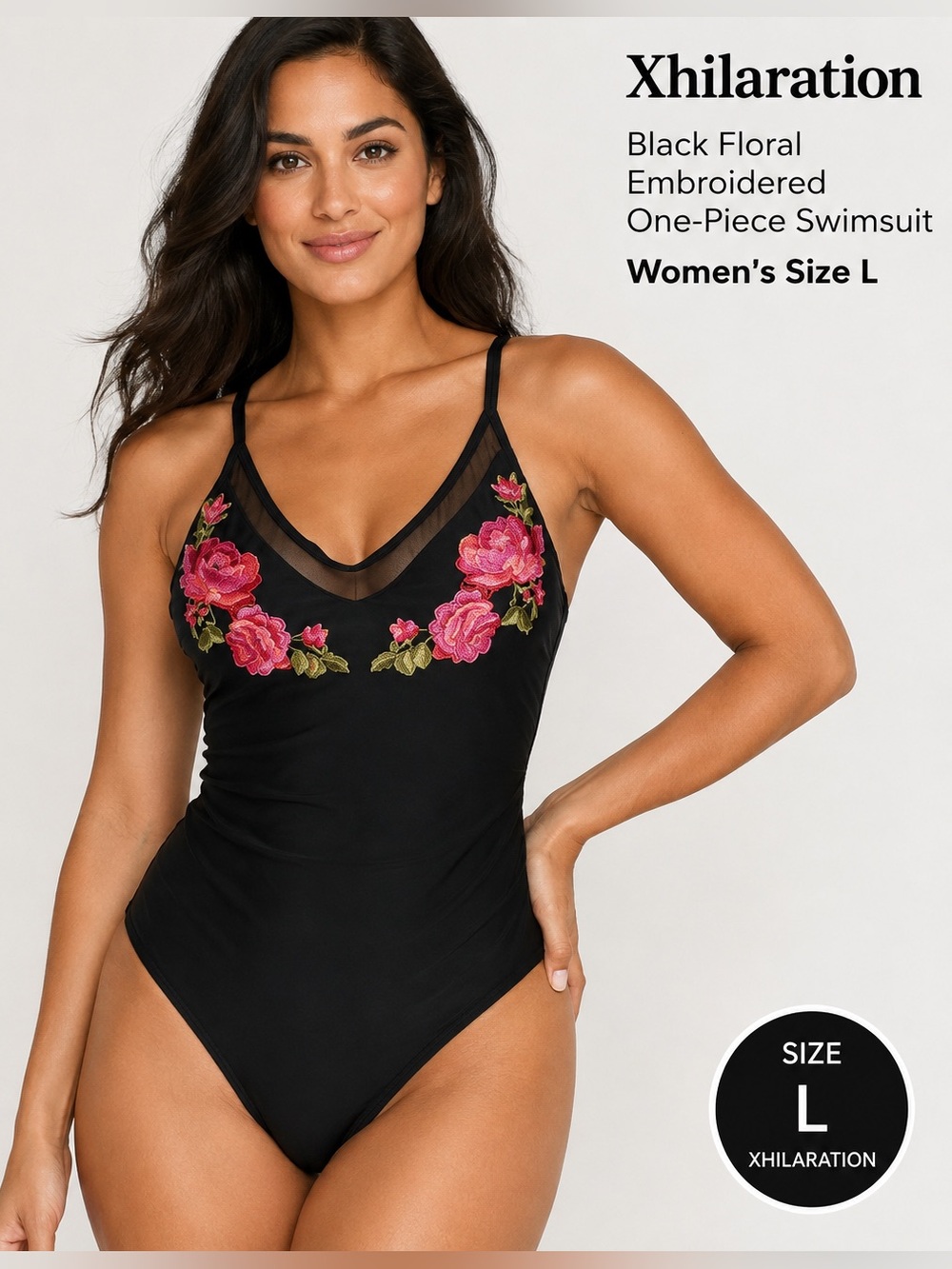 Xhilaration Black Floral Embroidered One-Piece
Swimsuit Women's Size L